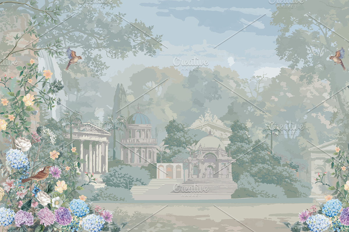 Hydrangea Garden Wallpaper Art, a Decorative Illustration by Mughal Wallpaper (Photo 2 of 3)