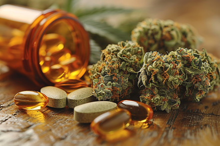 Medical marijuana buds with capsules and tablets on a wooden surface, a Photo by AS photostudio