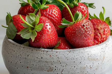 A bowl filled with juicy red strawbe, a Photo by LOGOCREATIVE