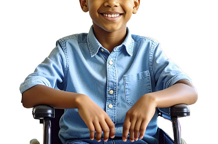 Black boy smiling sitting at wheelchair isolated photo