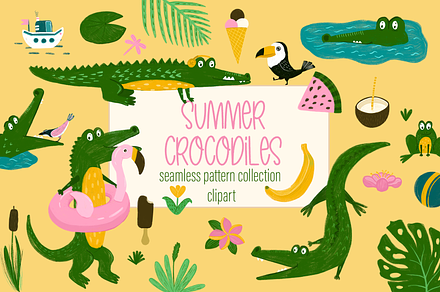 Summer Crocodile Patterns & ClipArt