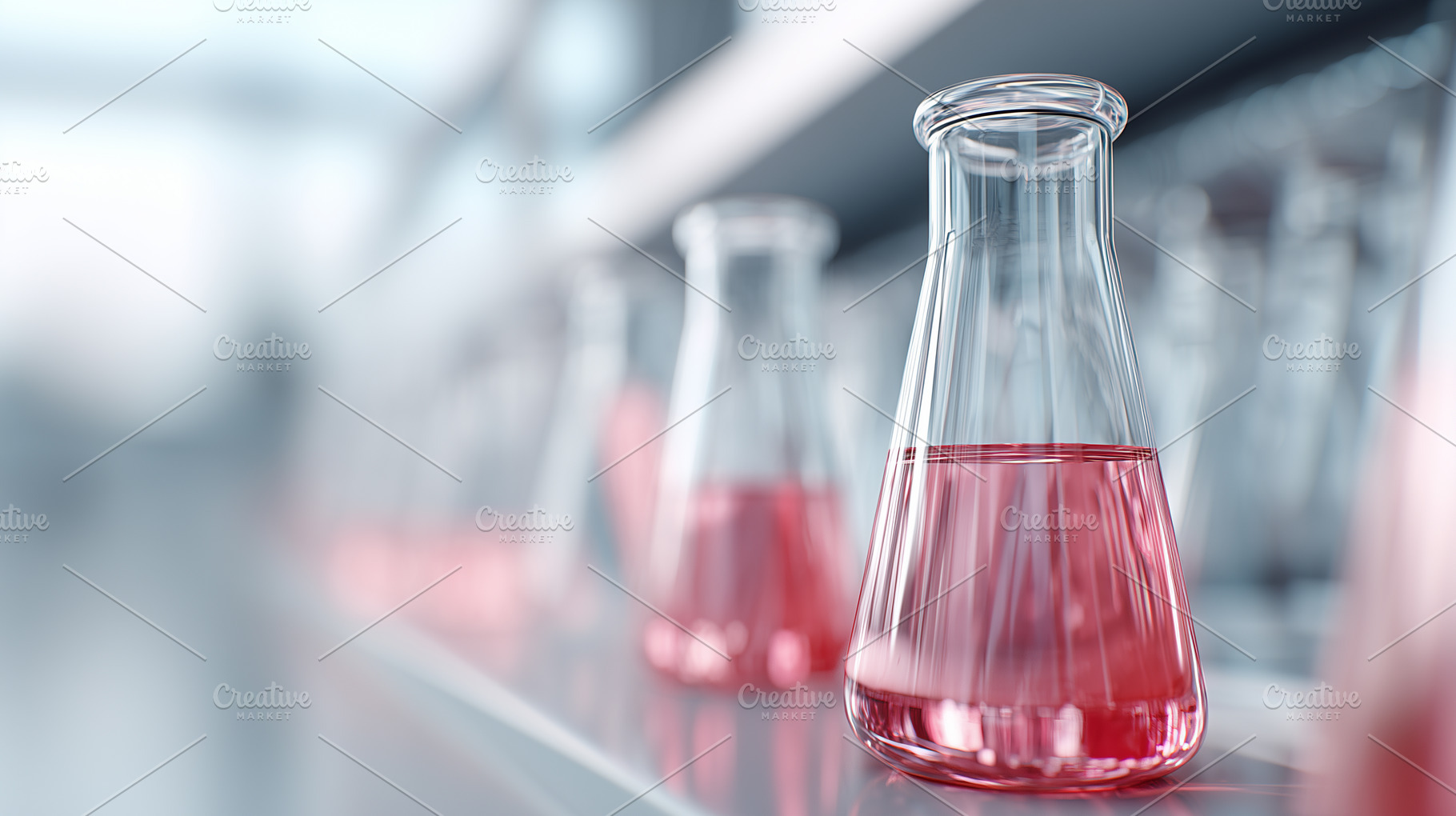 Row of laboratory flasks filled with, a Health & Medical Photo by MistyDay