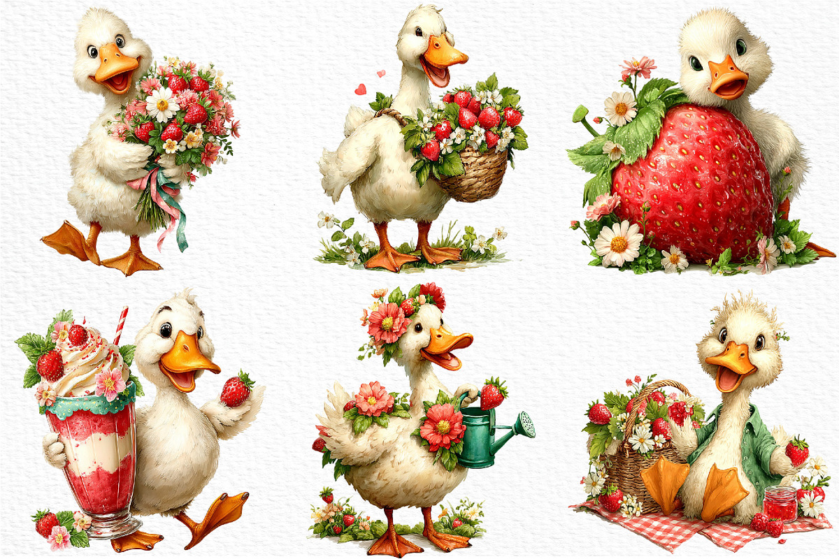 Whimsical Goose Strawberry Clipart, an Animal Illustration by Craft Nest (Photo 2 of 5)