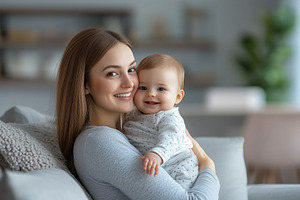 Smiling young mother sitting at home, a Person Photo by MistyDay