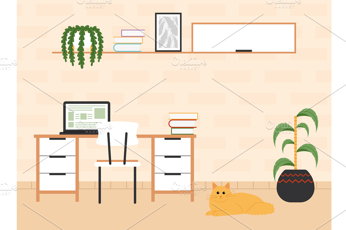Study room desk with books and, an Object Illustration by studioDK