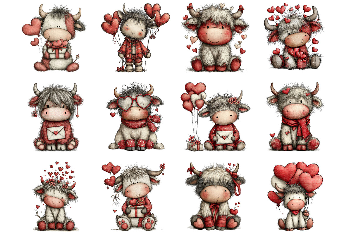 Valentine Cute Highland Cow Clipart, an Illustration by Designking (Photo 3 of 5)