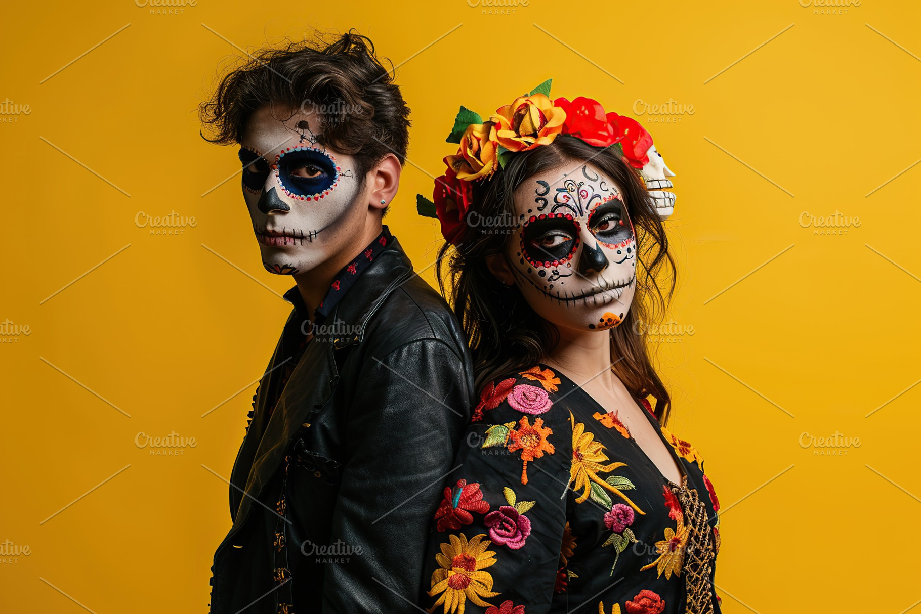 Young couple with sugar skull makeup, parade in Mexico city, makeup for day of, a Photo by AlyaAnd