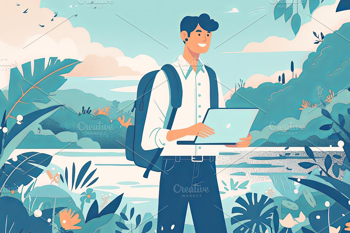 Man working remotely on laptop amidst scenic tropical outdoor environment, an Illustration by AS photostudio