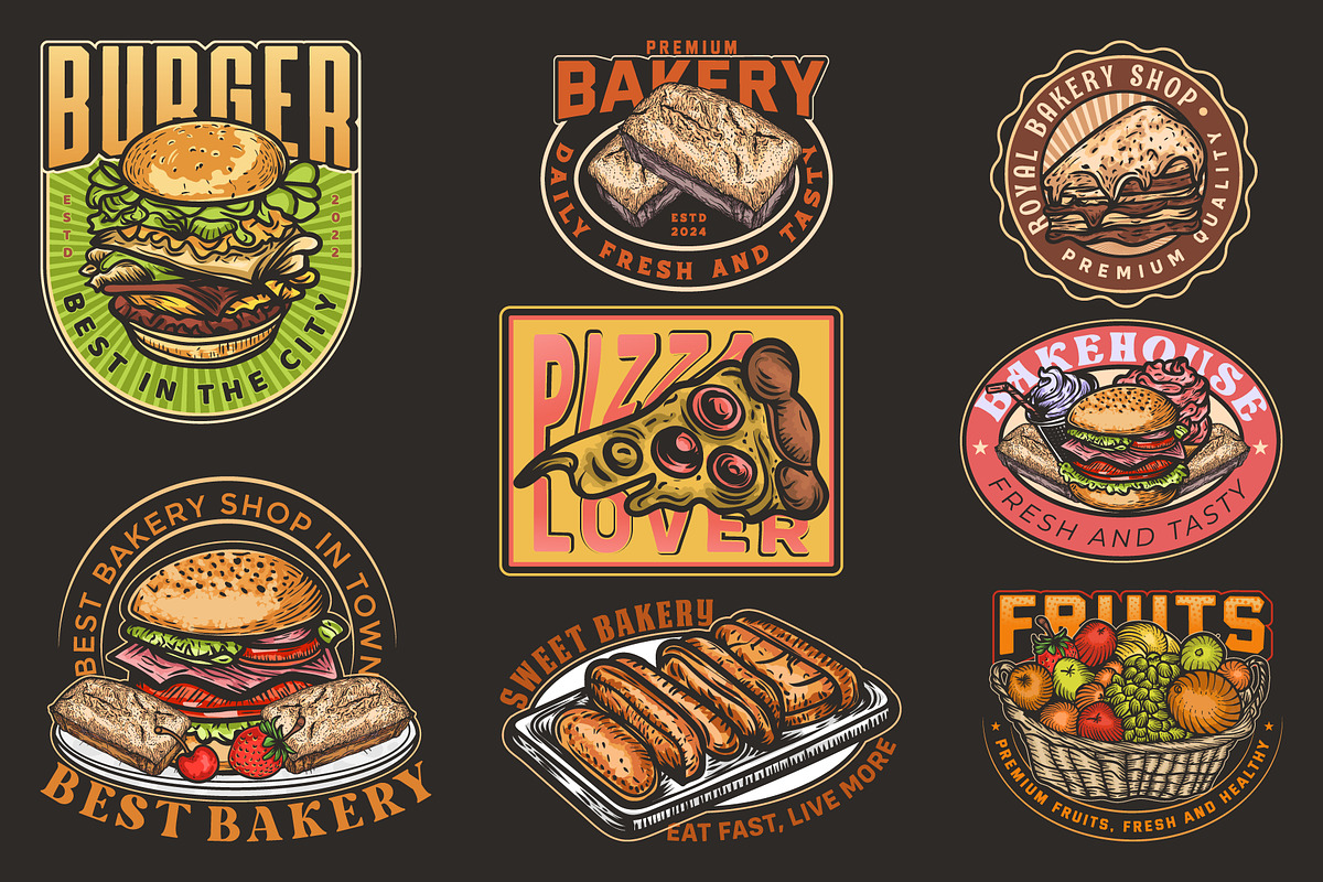 Food hand drawn logo set vector, a Branding & Logo Template by Billah Hub