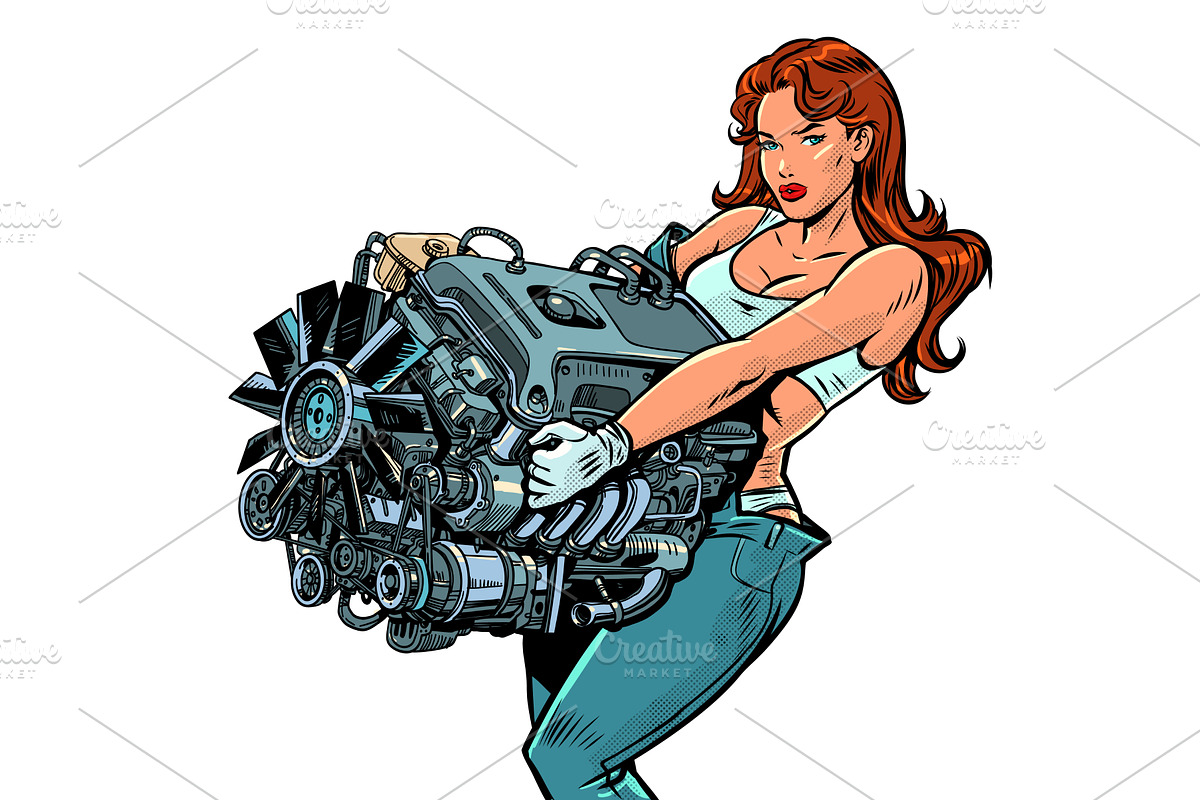A woman with a car engine. Special, a Transportation Illustration by studiostoks