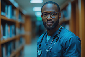 Confident male doctor in scrubs stan, a Photo by Tanuart