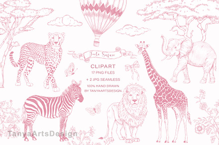 Pink safari animals Toile de jouy, an Animal Illustration by TanyaArtsDesign