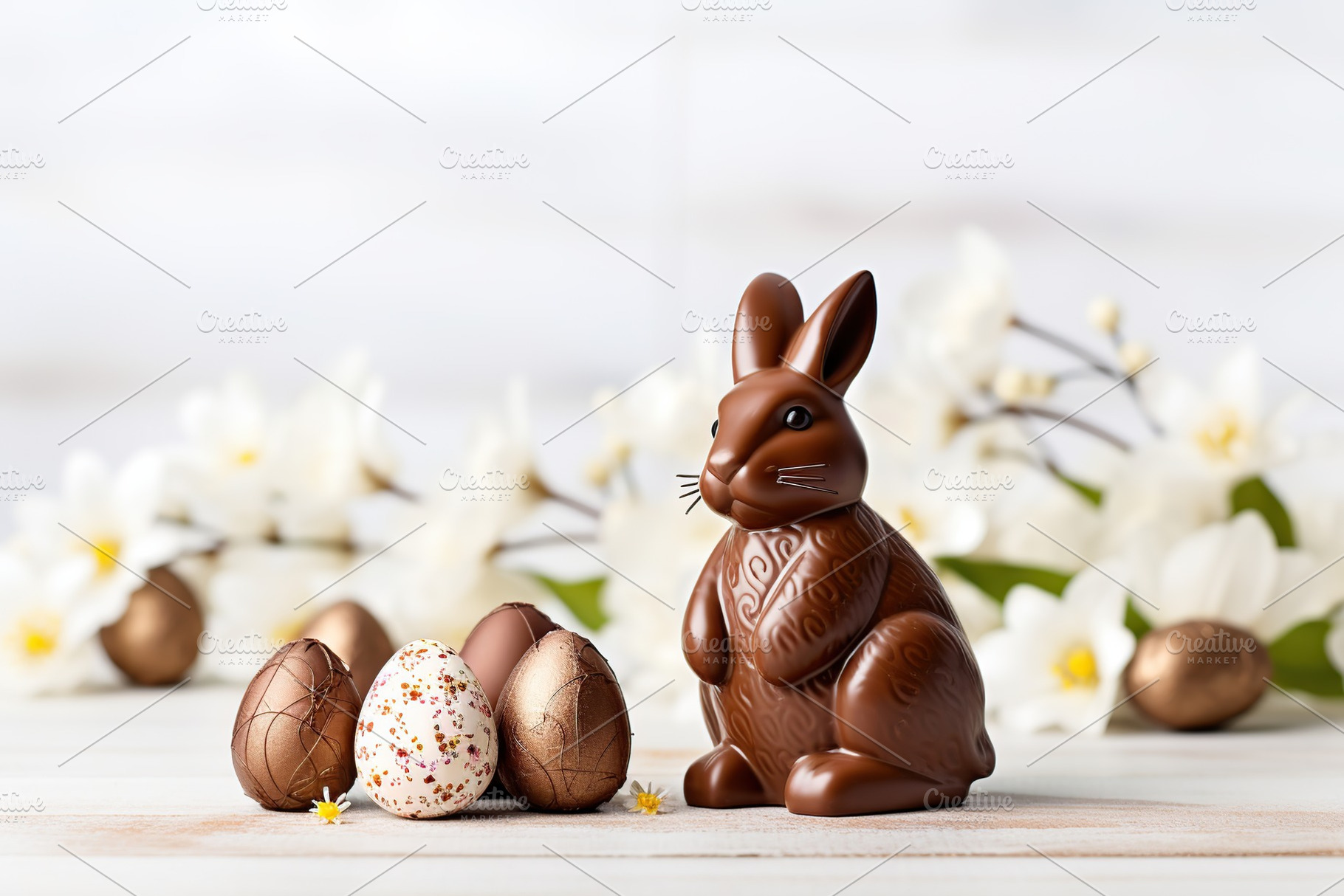 Sweet chocolate rabbit and easter eggs on wooden background, a Holiday Photo by AlyaAnd