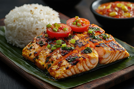Grilled salmon fillet served with ri, a Photo by Tanuart