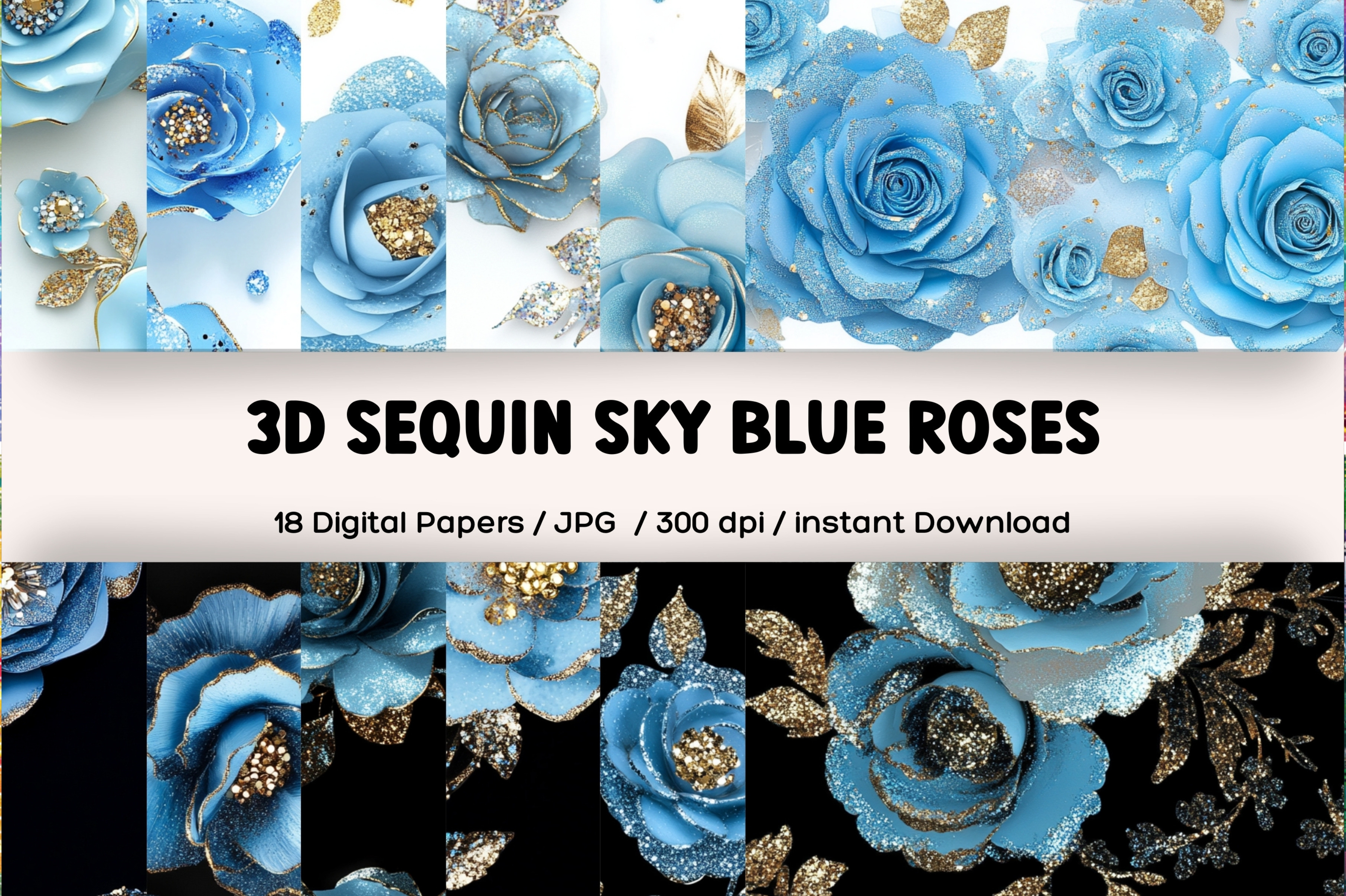 3D Sequin Sky Blue Roses Patterns