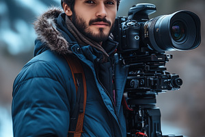 A young man online course producer with tousled hair stands in a snowy landscap, a Person Photo by Textures & Backgrounds