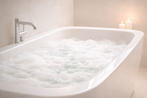 Bathtub with frothy bubbles and lit, a Photo by Dvoevnore photos