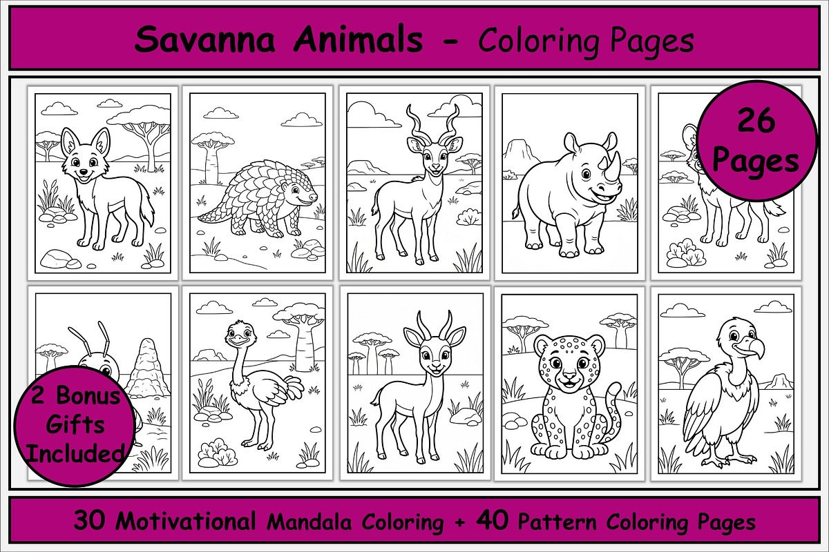 Savanna Animals Coloring Pages, an Animal Illustration by Lamia Emad (Photo 1 of 5)