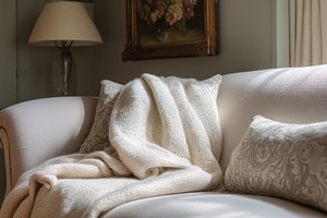 Cozy living room sofa with soft blanket and decorative cushions,, a Photo by Studio ANNA