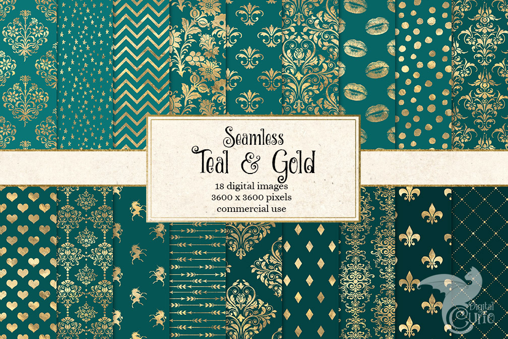 Teal and Gold Digital Paper, a Pattern Graphic by Digital Curio