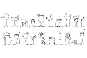 Continuous one line alcohol drinks, an Illustration by winwin.art