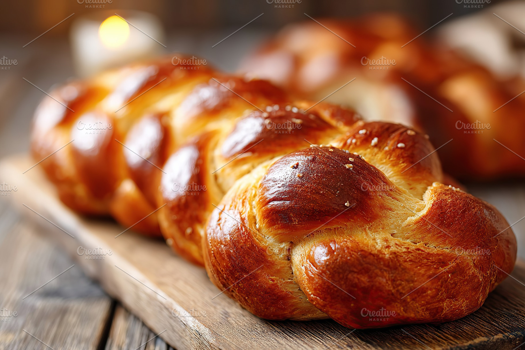 Perfectly braided challah bread on a wooden board ready for celebration or meal, a Food & Drink Photo by AlyaAnd