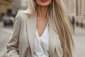 Charming mature woman with long gray hair and beige costume walking on the city, a Person Photo by AlyaAnd