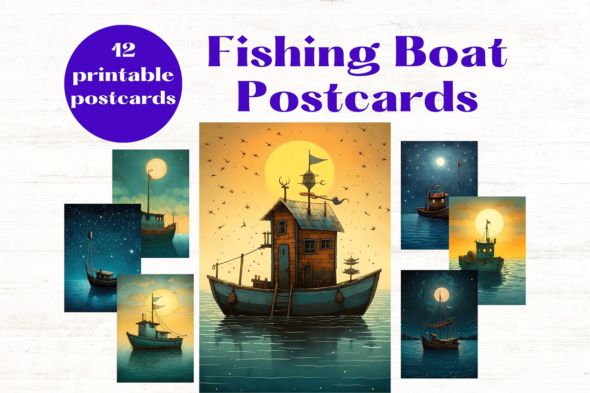 Whimsical Fishing Boats 5x7 Postcard, a Transportation Illustration by Mermaids Cove (Photo 1 of 9)