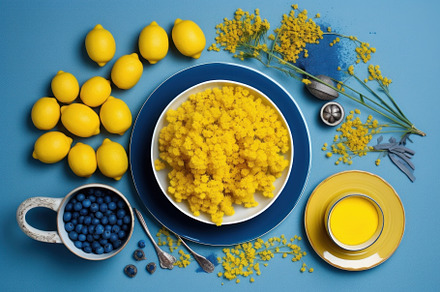 Yellow and blue items background, flat lay. Generative AI., a Background Photo by AS photostudio