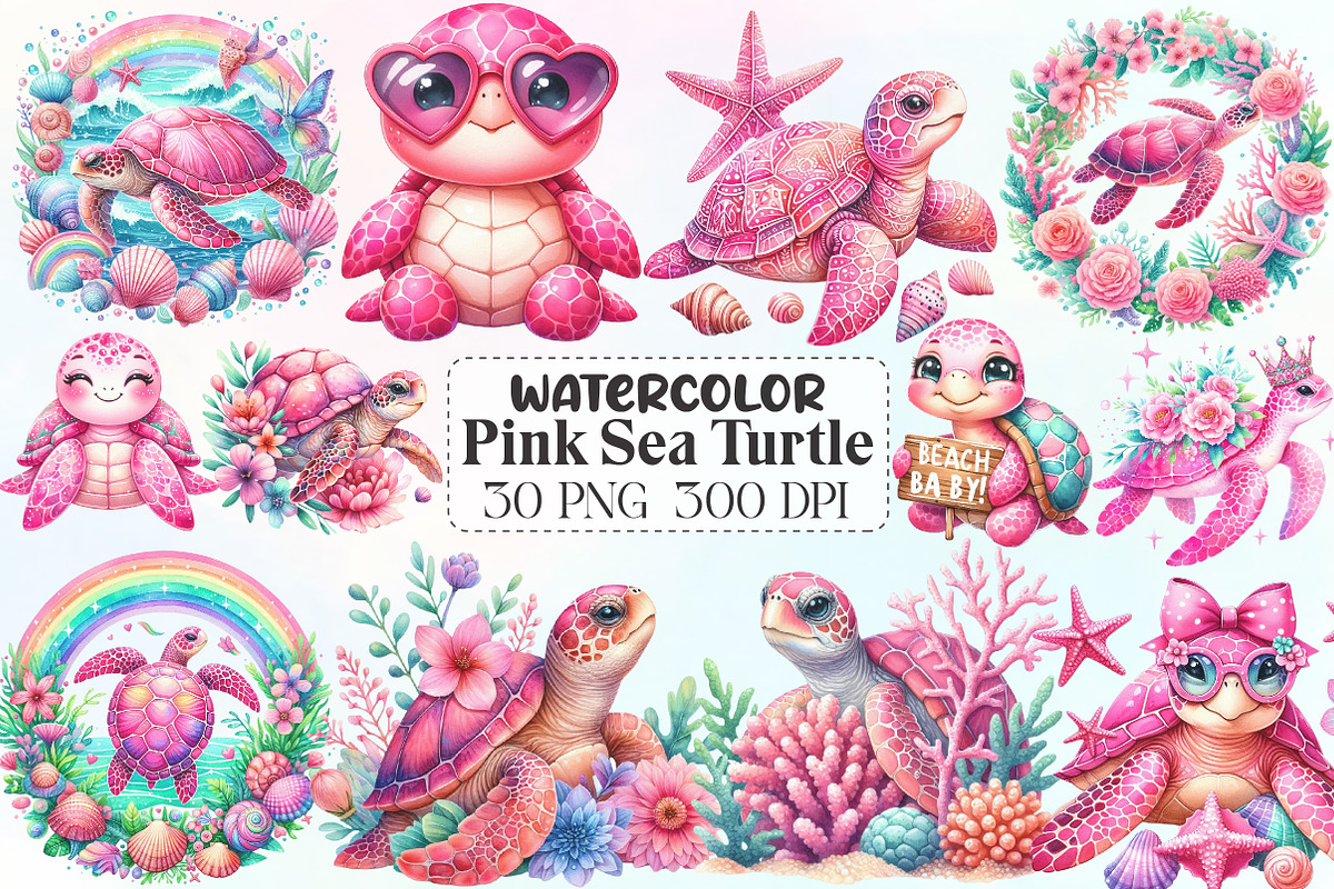 Watercolor Pink Sea Turtle Clipart, an Illustration by CraftArtStudio (Photo 1 of 6)