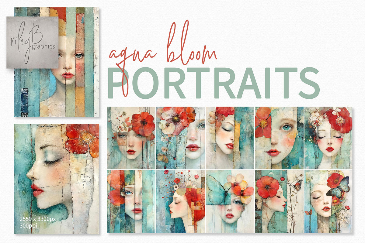 Aqua Bloom Portraits, a Decorative Illustration by rileyBgraphics (Photo 1 of 6)