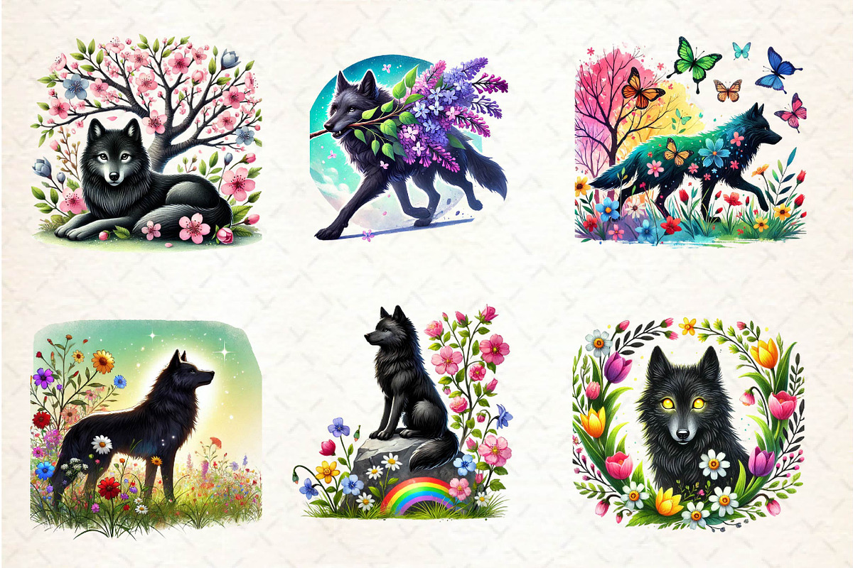 Spring Black Wolf Clipart, an Illustration by Dream Creation