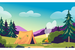 Forest camping landscape. Camp tent, an Illustration by Stock-Smart-Start