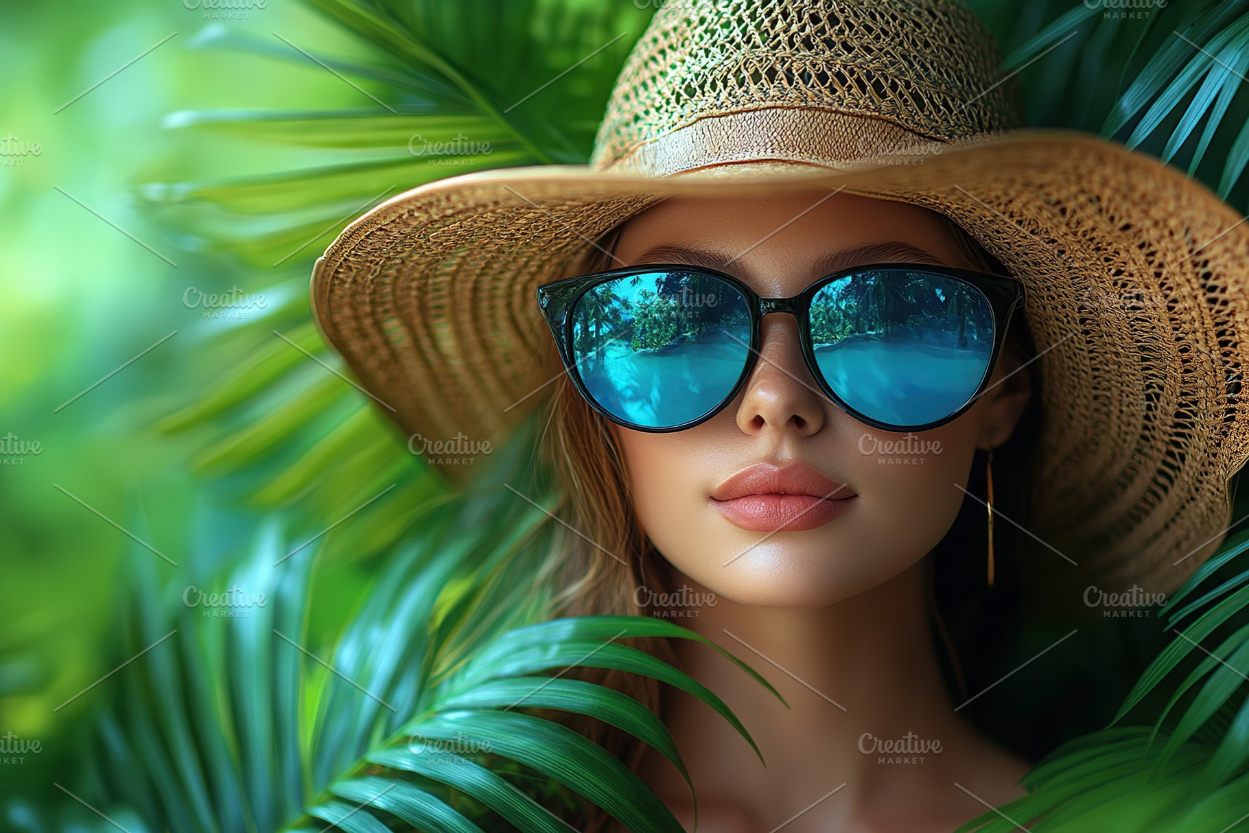 Woman with a straw hat and sunglasses enjoys a summer day amid lush greenery., a Person Photo by AlyaAnd