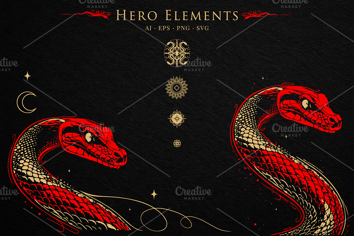 Mystic Lunar Asian Snake Vector Set, an Animal Illustration by Christine Krahl (Photo 4 of 12)