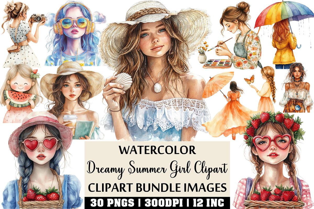 Dreamy Summer Girl Clipart Set, an Illustration by Craft Nest (Photo 1 of 4)