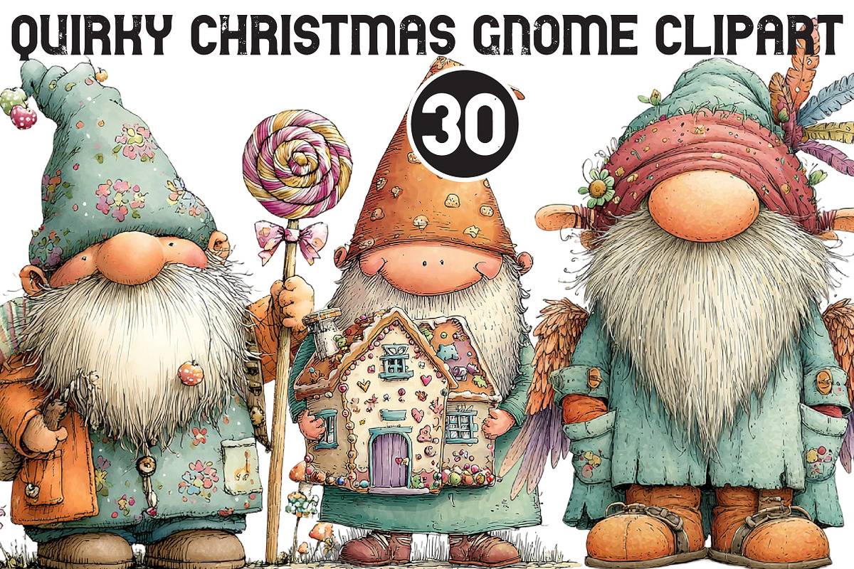 Quirky Christmas Gnome Clipart, an Illustration by Black Bird Studio (Photo 1 of 6)