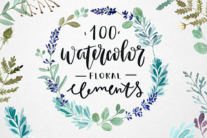 100 watercolor herbal elements.