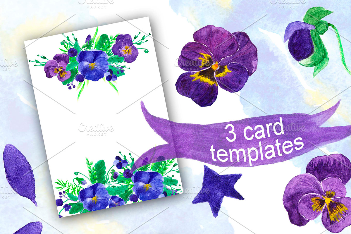 Watercolor purple Pansy flowers., an Illustration by Olgaart (Photo 7 of 7)