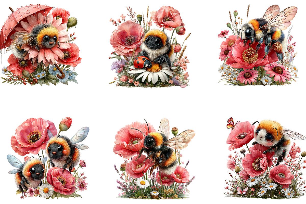Floral Bee Clipart, a Seasonal Illustration by CreationArt (Photo 3 of 7)