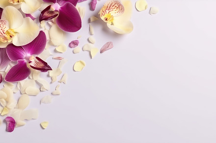 Beautiful orchid petals on a colorful background. Spring concept. Generative AI, a Photo by José Manuel Gelpi