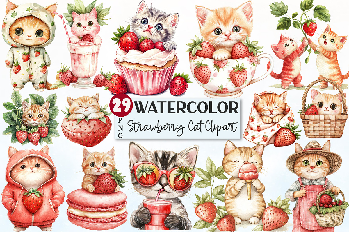 Strawberry Cat Clipart Sublimation, a Seasonal Illustration by Rose Art (Photo 1 of 4)