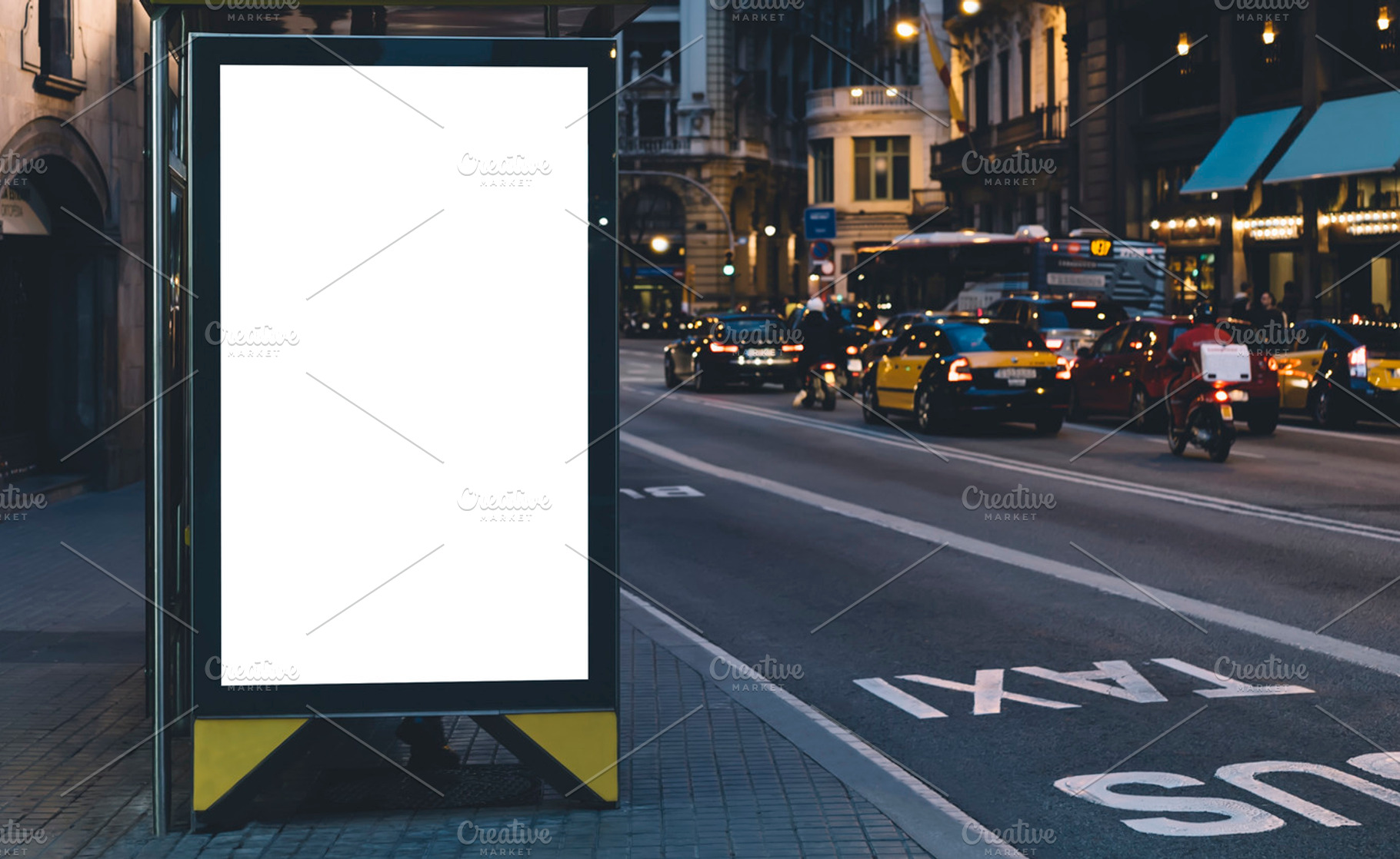 Bus stop in city featuring lightbox, billboard, and banner, an Industrial Photo by A_B_C