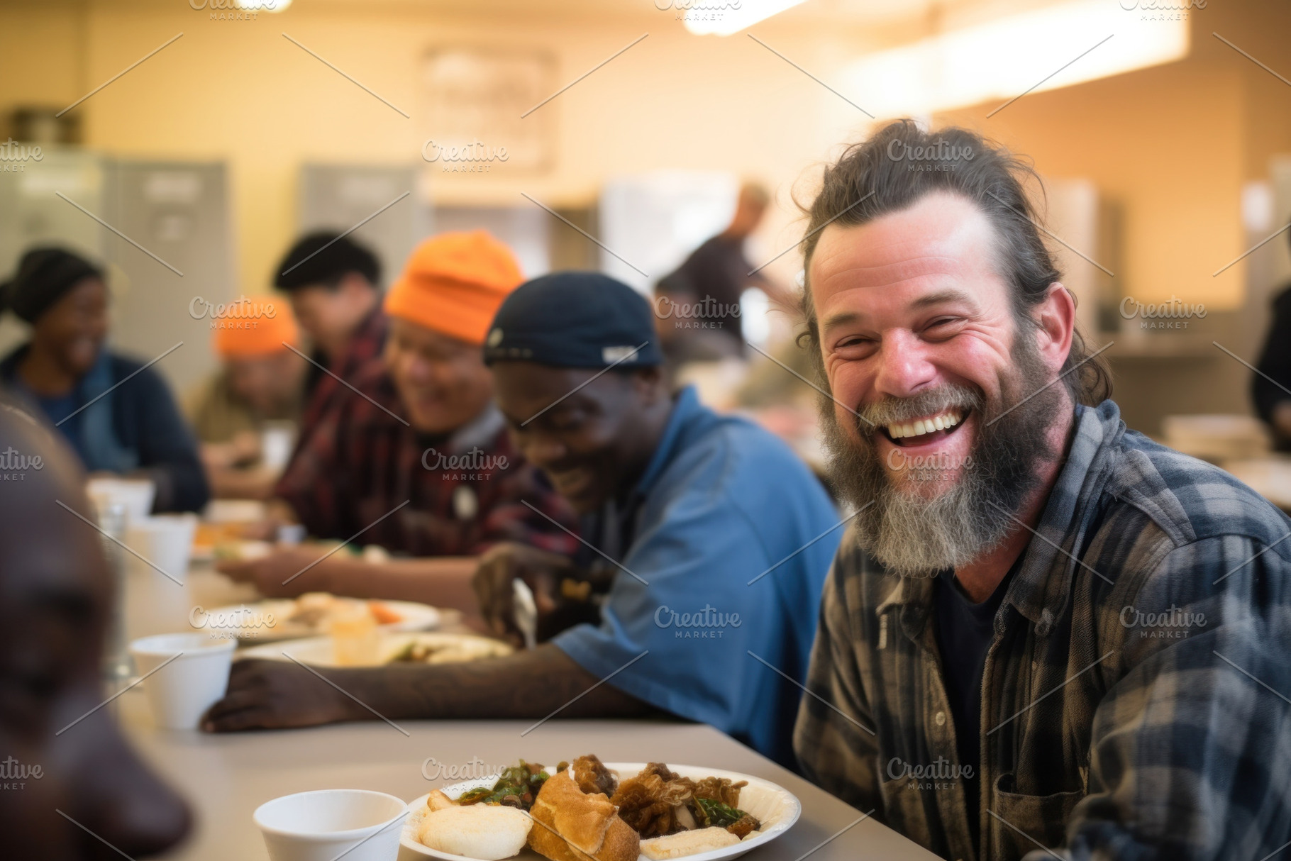 Positive bearded homeless white man sits at a table in a bustling homeless shel, a Person Photo by zakiroff