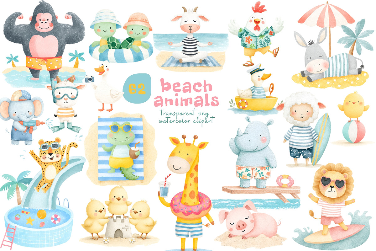 Cute Beach Animals PNG, a Seasonal Illustration by Nicolle's Colorful Art (Photo 1 of 5)