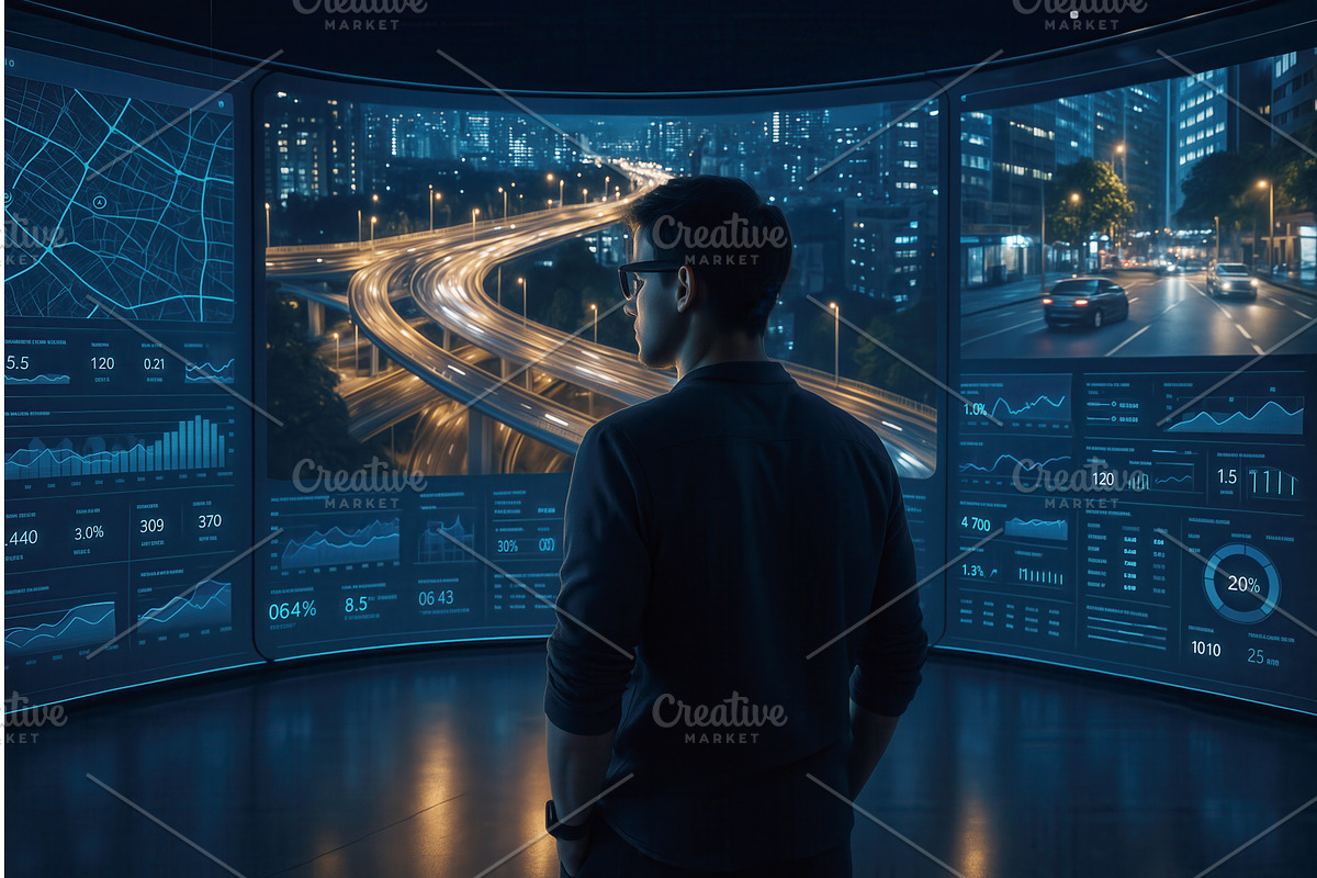 A man observing real-time data and, a Technology Illustration by Sergey Kotenev