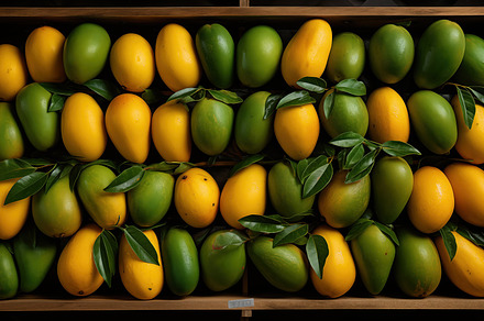 Wooden crate box filled with ripe yellow and green mangoes, neatly arranged in, a Photo by Textures & Backgrounds