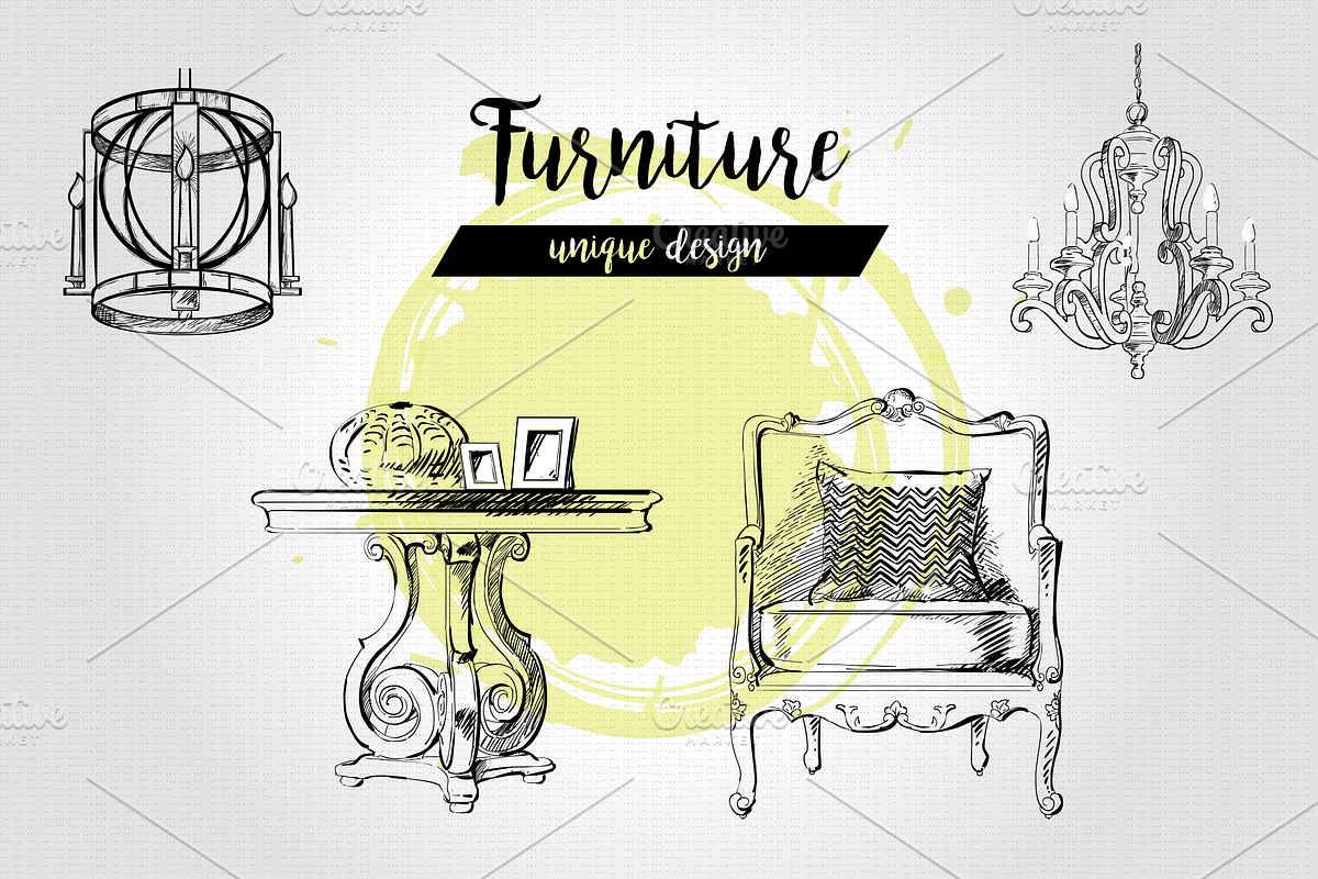 Furniture Hand drawn Vector set#4, a Decorative Illustration by Alltruecolours (Photo 3 of 4)