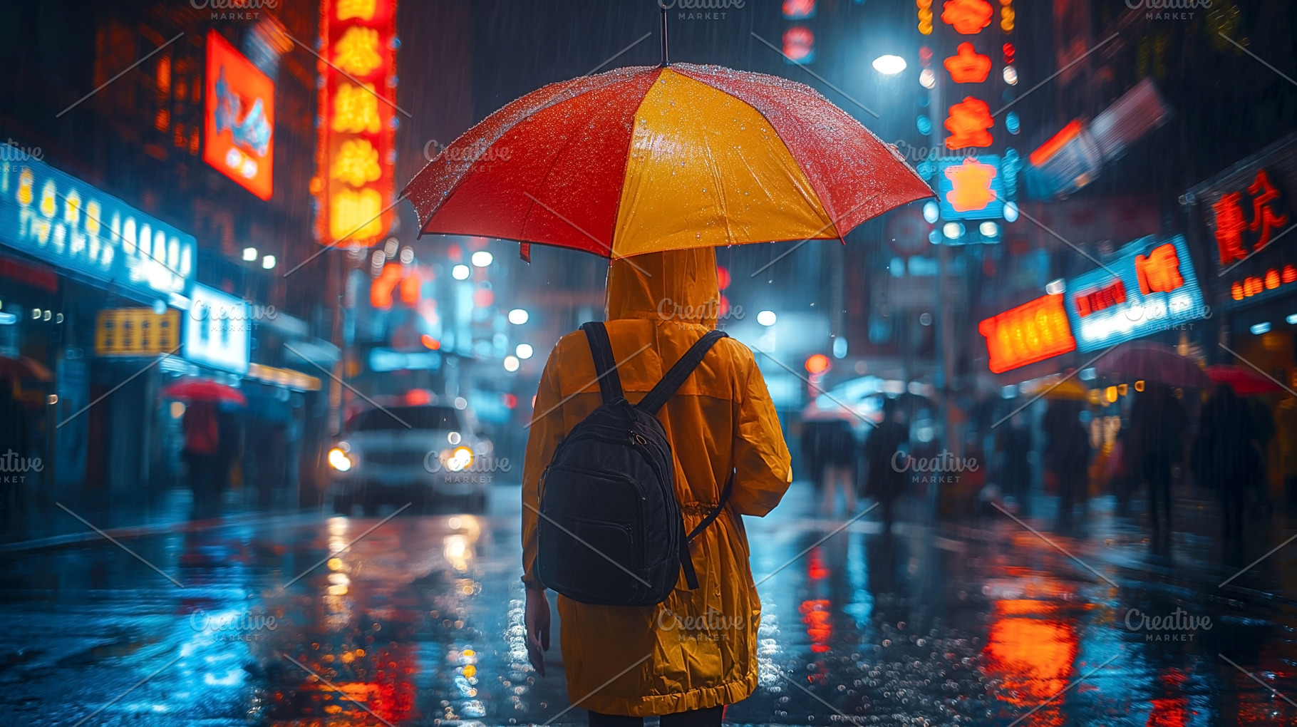 A young woman in a yellow raincoat stands under a red and yellow umbrella, gazi, a Person Photo by ImageMir