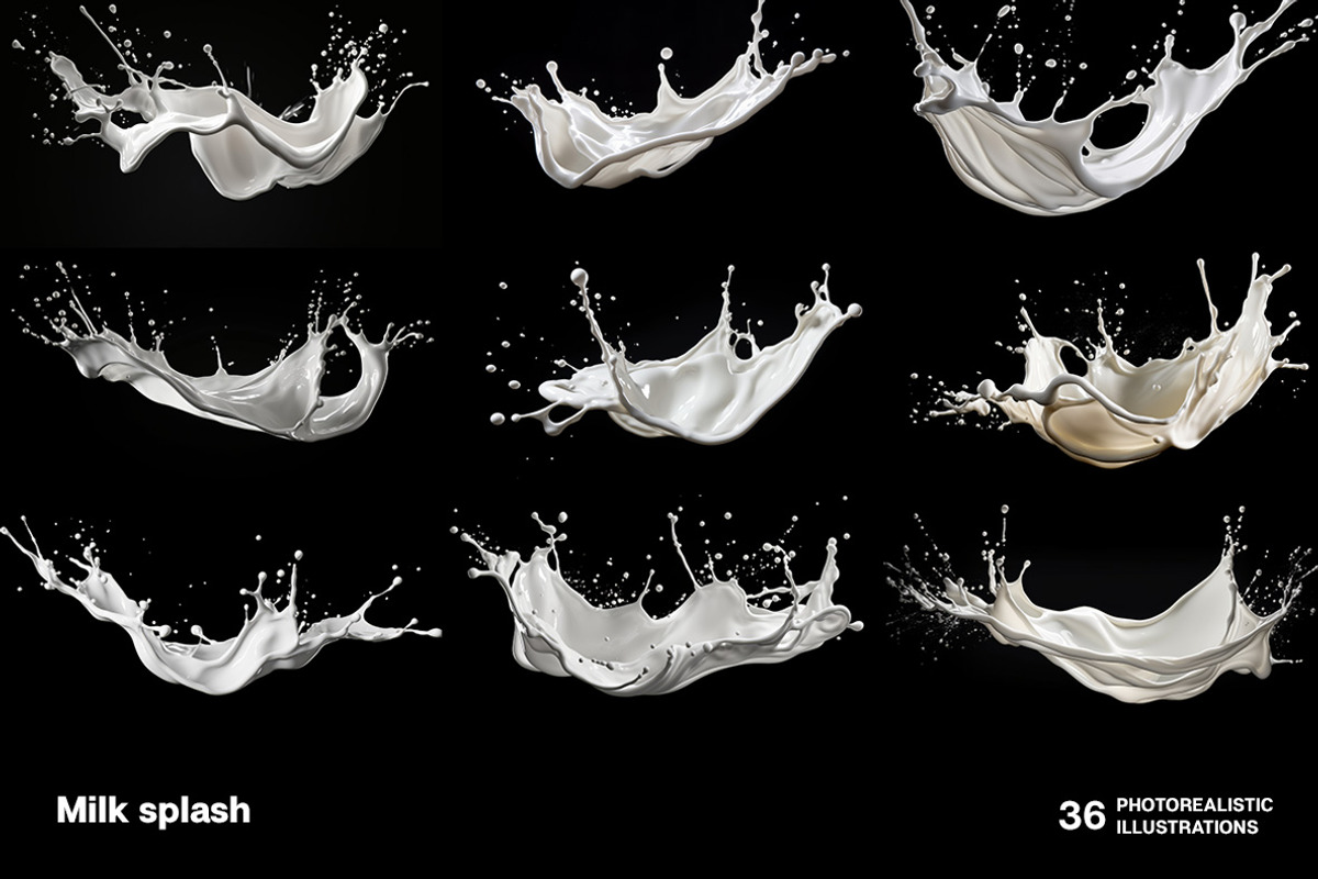36 Milk Splashes on black background, an Object Illustration by Handmadefont (Photo 6 of 10)